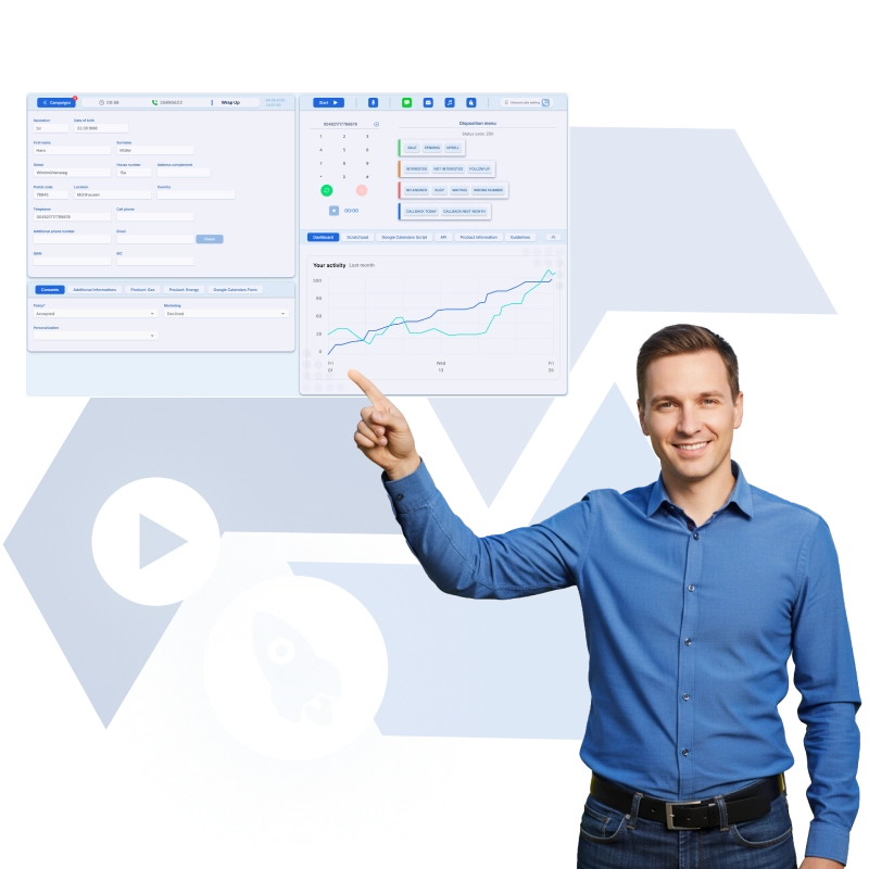 Mężczyzna wskazujący na zrzut ekranu oprogramowania TCdial.