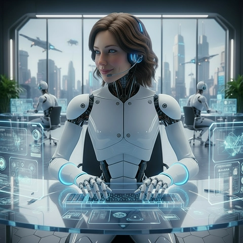 Robot przypominający człowieka pracujący jako agent call center.