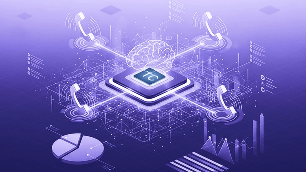 Procesor z logiem TCdial, nad nim cyfrowy mózg, wysyłający sygnały do czterech telefonów, w tle statystyki i wykresy.