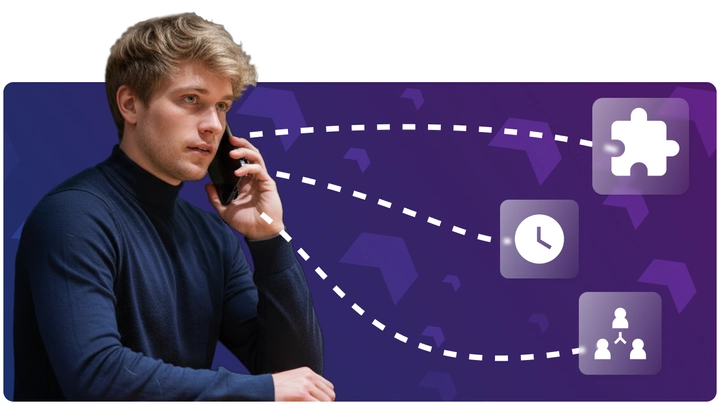 Mężczyzna rozmawiający przez telefon, w tle widoczne są panele informacyjne z ikonami które dotyczą efektywnych funkcjonalności oprogramowania.